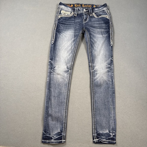 Rock Revival Raven Skinny Jean WOMEN 24EMBROIDERED THICK STITCH WHISKERING - Picture 4 of 11